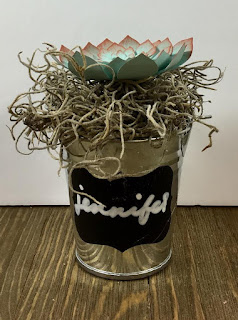 This succulent is made with Stampin' Up!'s Succulent Framelits Dies.  I used Pool Party cardstock and sponged Calypso Coral on the edges.  It's in a cute metal bucket with some moss.  This was a gift for the Weekend Getaway Retreat!  #stampinup #stamptherapist www.stampwithjennifer.blogspot.com