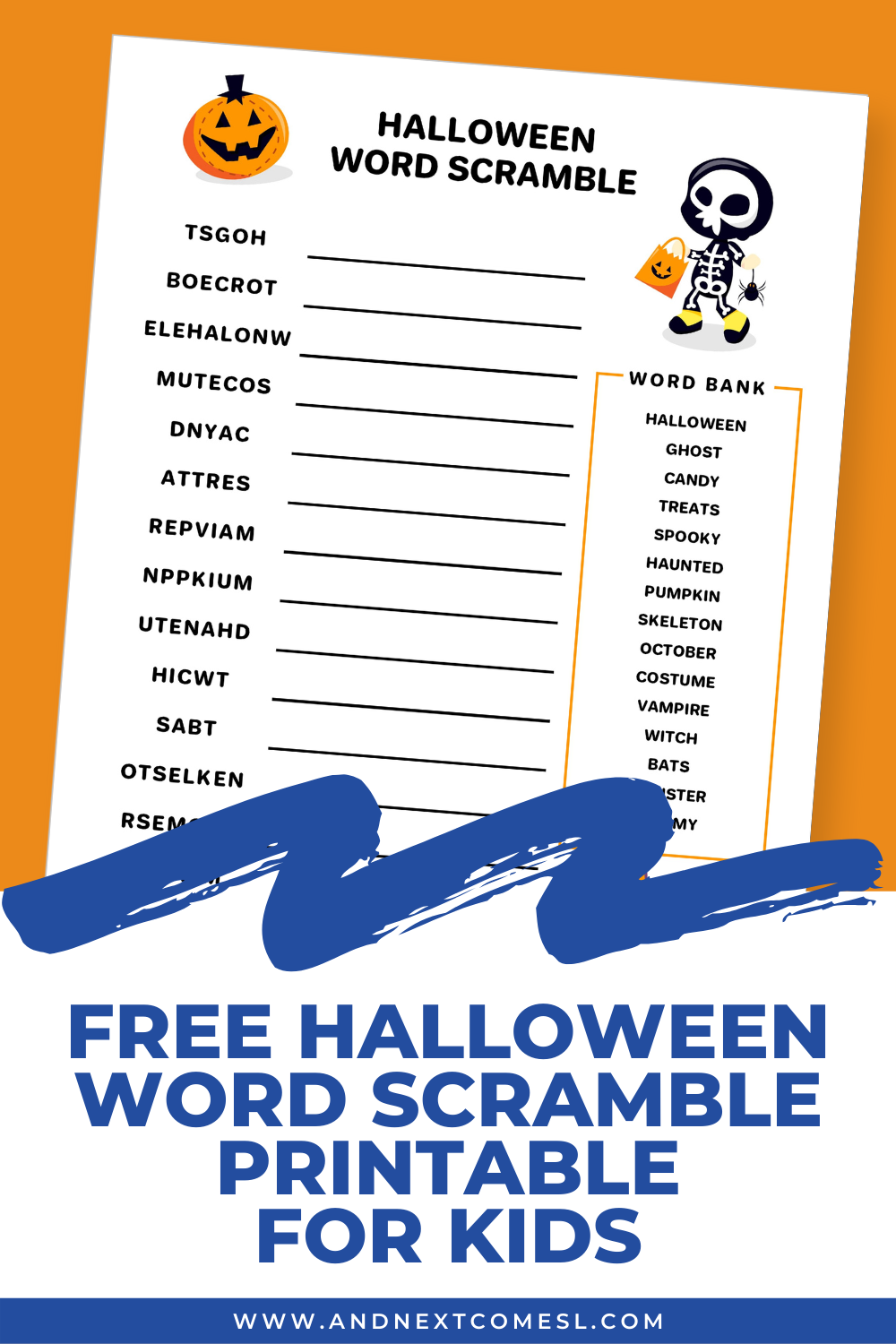 Free printable Halloween word scramble for kids - with answers!