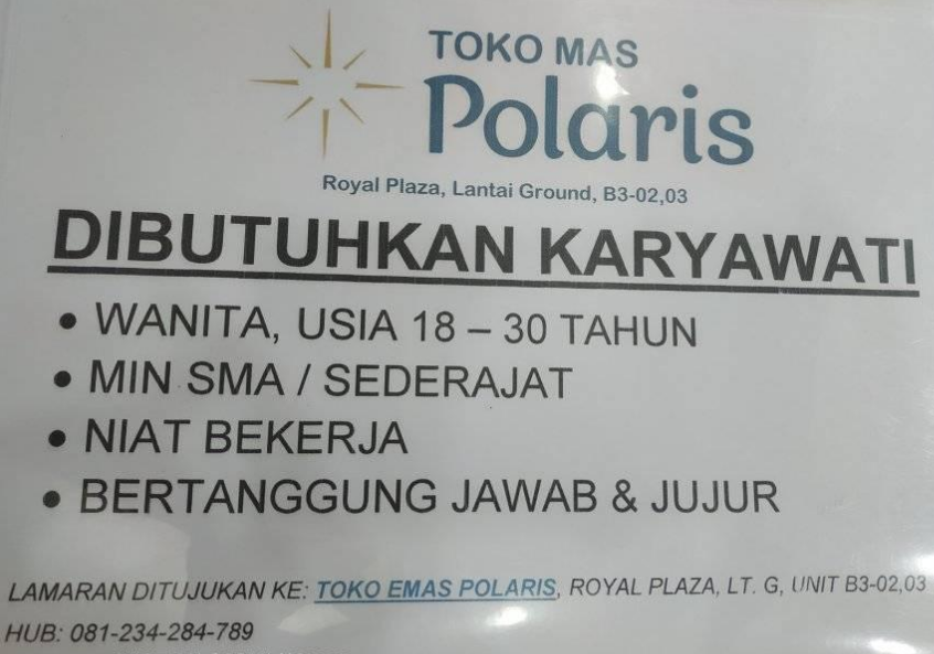 Open Recruitment at Toko Mas Polaris Surabaya Terbaru Desember 2019 - Lowongan  Kerja Surabaya September 2021 | Lowongan Kerja Jawa Timur Terbaru