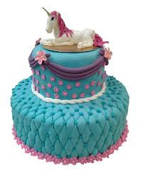 Two-tier Blue cake with interesting textured icing and a unicorn on top