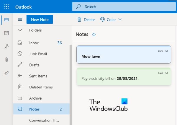 создать изменить удалить заметки Outlook Web