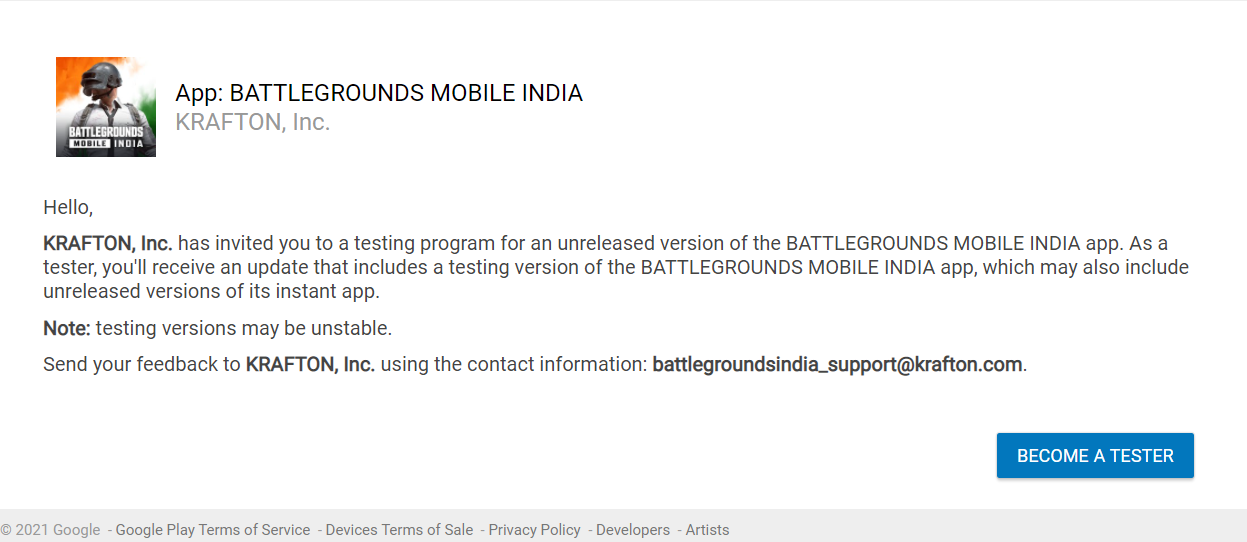 Battlegrounds Mobile India beta tester