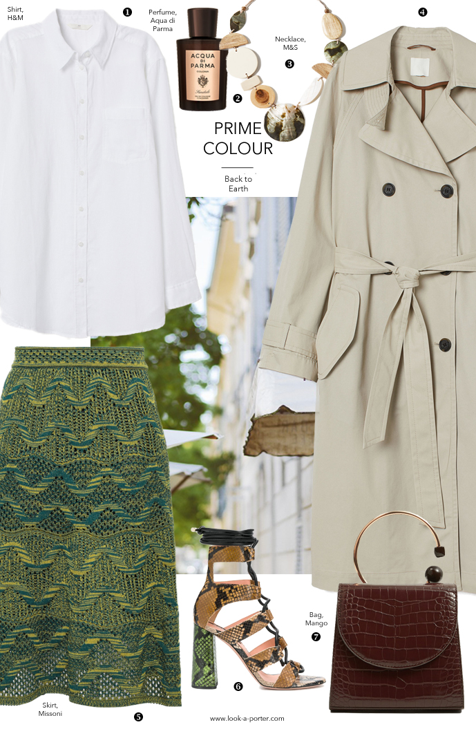 styling a green missoni skirt with H&M classic white shirt, trench coat, snakeskin sandals and Mango faux croc  handbag, plus a fabulous M&S necklace for look-a-porter.com fashion blog