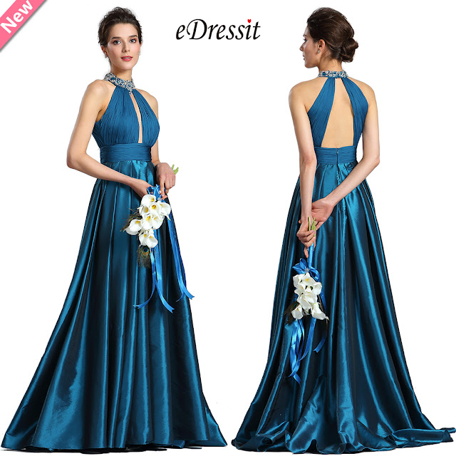 Sexy Halter Blue Beaded Evening Party Dress