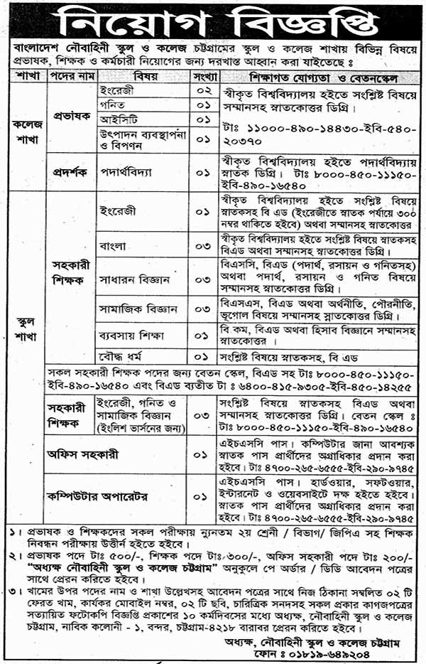 Jobs Barta Bangladesh Navy School and College Chittagong Jobs Circular