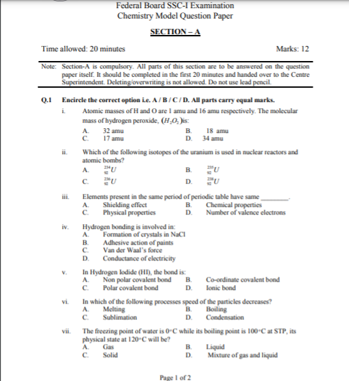 FBISE Class 9 CHEMISTRY MODEL PAPER NEW with pattern FOR SSC EXAM 2021
