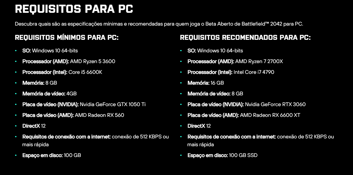 Requisitos para Battlefield 2042 Beta Aberto