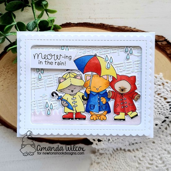 Meow-ing in the Rain Card by Amanda Wilcox | Newton's Rainy Day Trio Stamp Set, Music Stencil and Frames & Flags Die Set by Newton's Nook Designs #newtonsnook #handmade