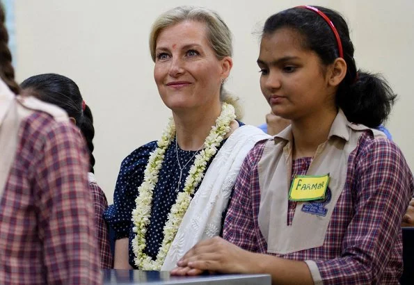 Countess Sophie wore ARoss Girl printed dress in cotton polka dot in navy. Girls Senior Secondary institution