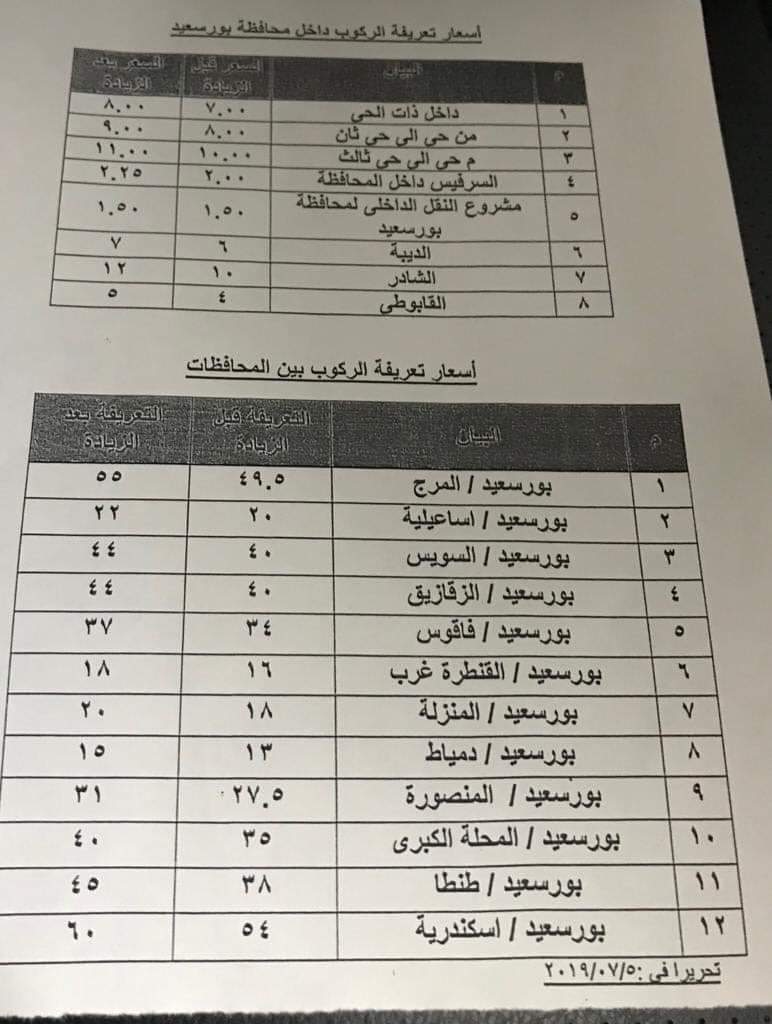 ننشر التعريفه الجديده للمواصلات داخل وبين المدن المصرية بعد زياده اسعار الوقود بجميع المحافظات FB_IMG_1562322230754