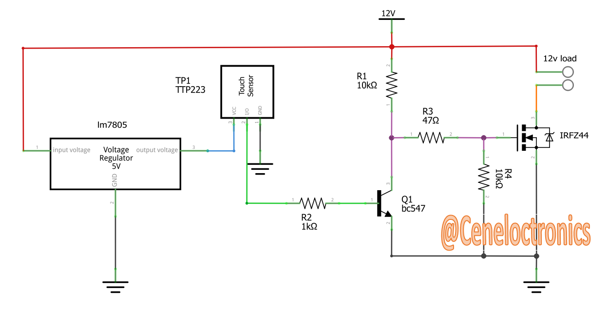 TTP223 touch sensor operate at 12v supply control any dc load