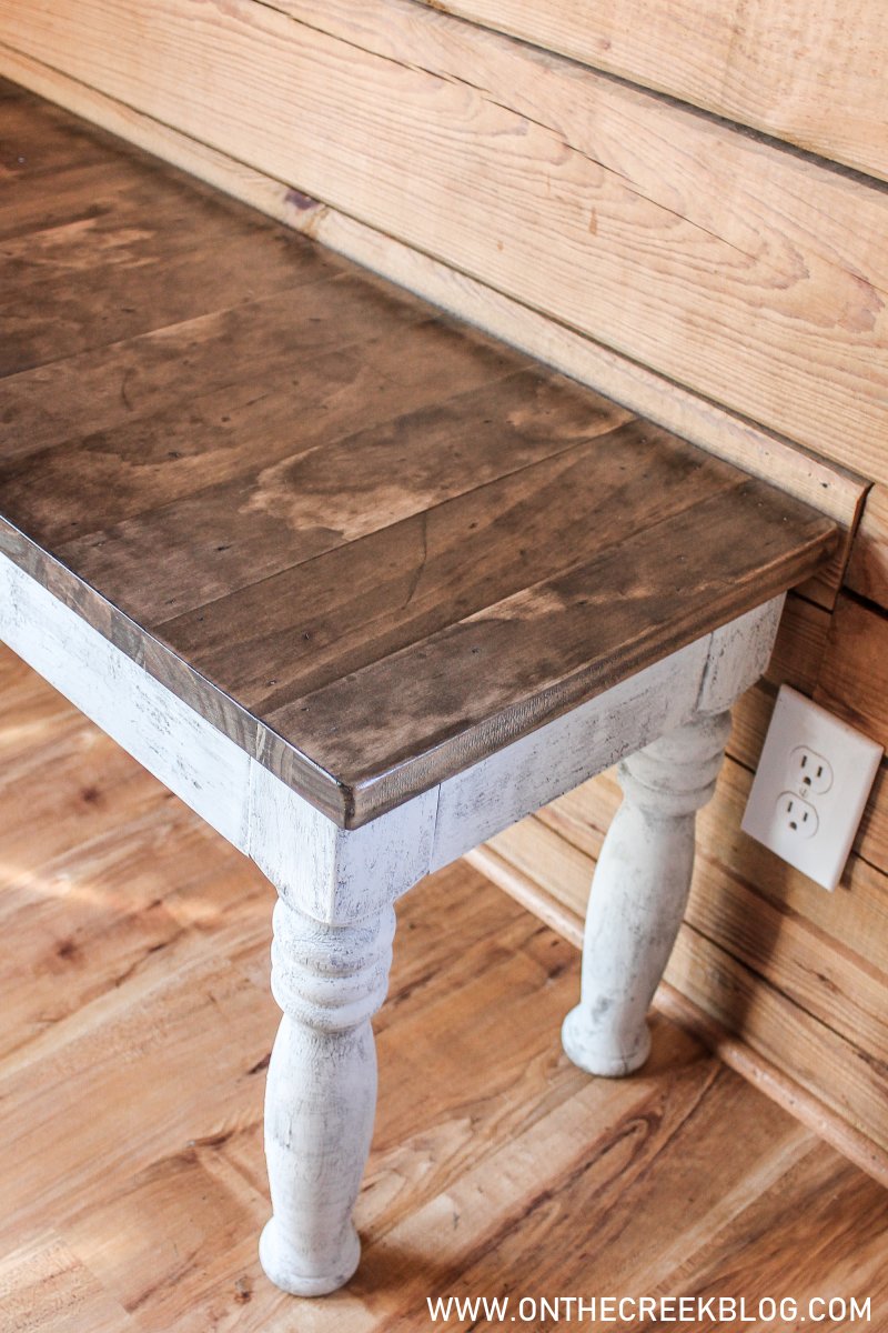 Painting our upcycled DIY dining bench using crackle glaze! | On The Creek Blog
