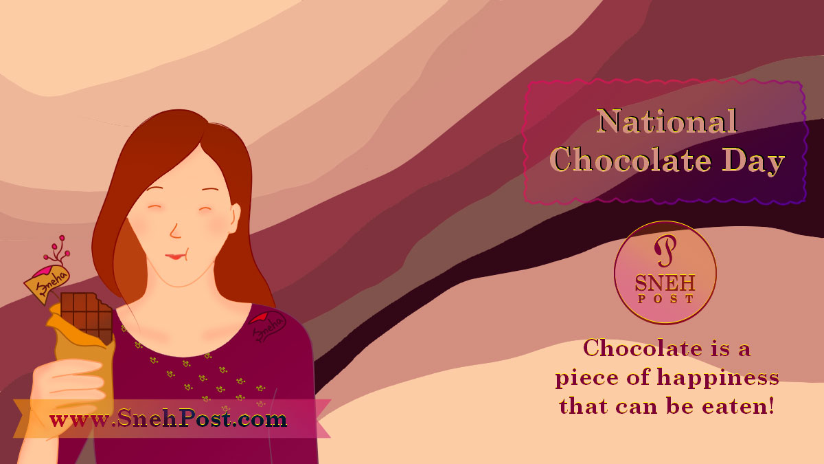 National Chocolate Day illustration cartoon of a girl enjoying a mouthful chocolate bite in mounth with closed eyes, having a big choco bar packet in the hand! Quote: Chocolate is a piece of happiness that can be eaten.