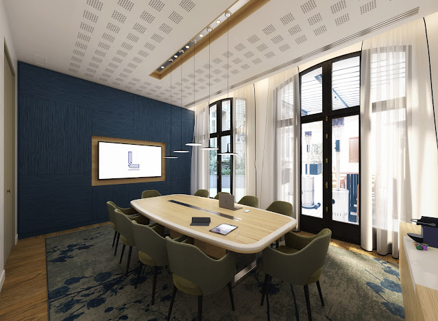 illustration 3D d'une salle de réunion avec vue terrasse