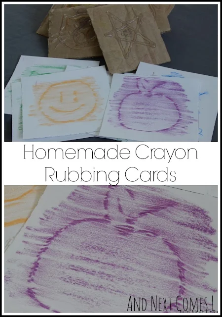 How to make your own crayon rubbing cards for kids from And Next Comes L