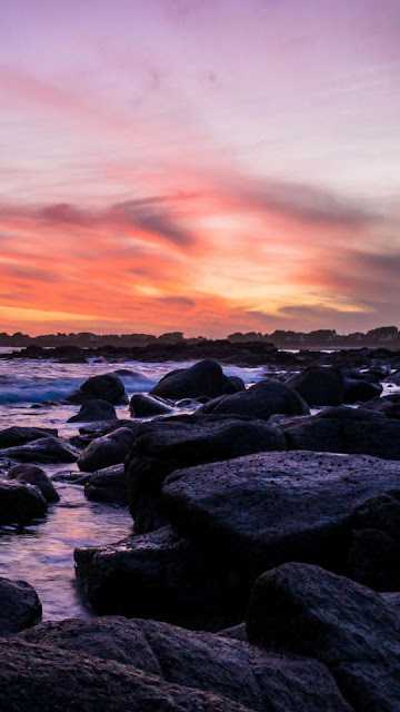 Beach wallpaper, sunset, rocks, sea, twilight