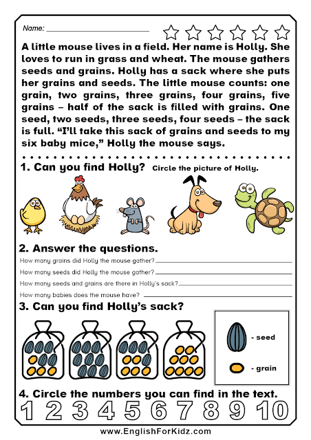 English numbers for kids - reading comprehension worksheet