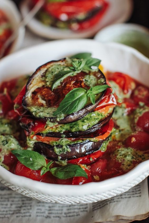 Roast Pepper and Aubergine Stack with Pesto and Roast Cherry Tomatoes