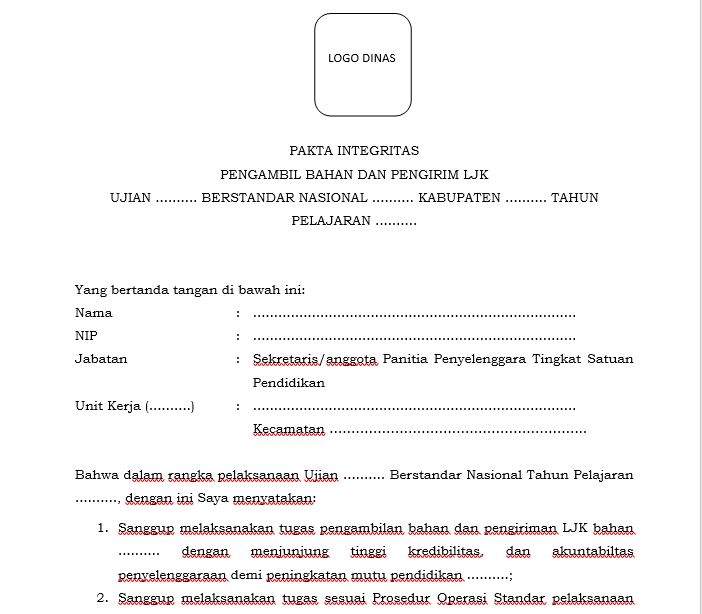Pakta Integritas Panitia Pengawas Ujian Format Word - panduandapodik.id