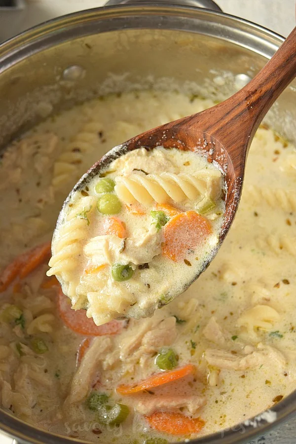 a close up of a wooden ladle with creamy chunky chicken noodle soup 