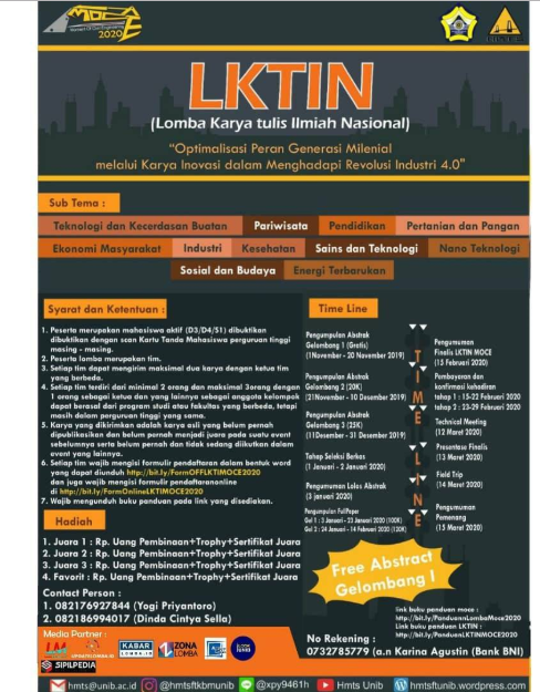 Lomba Karya Tulis Ilmiah Nasional (LKTIN) 2019 di Universitas Bengkulu
Lomba Karya Tulis Ilmiah Nasional (LKTIN) 2019 di Universitas Bengkulu