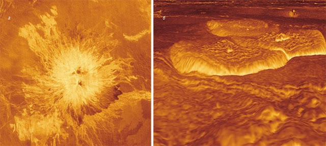 Разнообразные магматические структуры на поверхности Венеры: необычный вулкан Сапас с двуглавой вершиной (а); лавовое поле в области Альфа (б); радиальные дайки (в); вулкан типа «корона» – крупное валообразное поднятие, окруженное рвом-троггом (г); извилистые лавовые каналы шириной 1–2 км и длиной десятки-сотни км (д); щитовые равнины с небольшими вулканами характерной формы (е). Credit: NASA/JPL