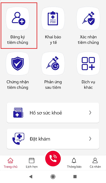 Tại màn hình chính chọn "Đăng ký tiêm chủng"
