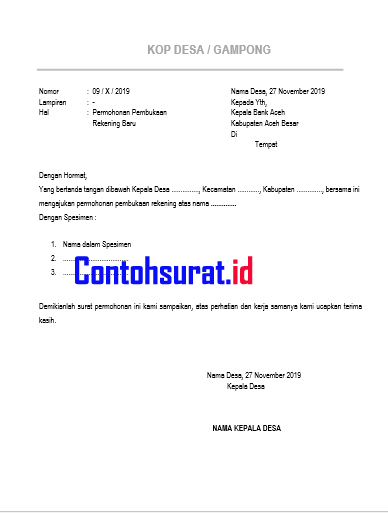 Contoh Surat Permohonan Pembukaan Rekening Bank Aceh Terbaru