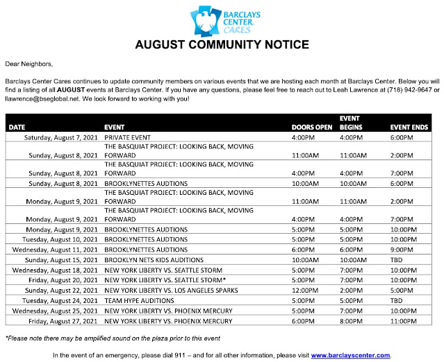 Barclays Center August 2021 calendar five NY Liberty games, five days