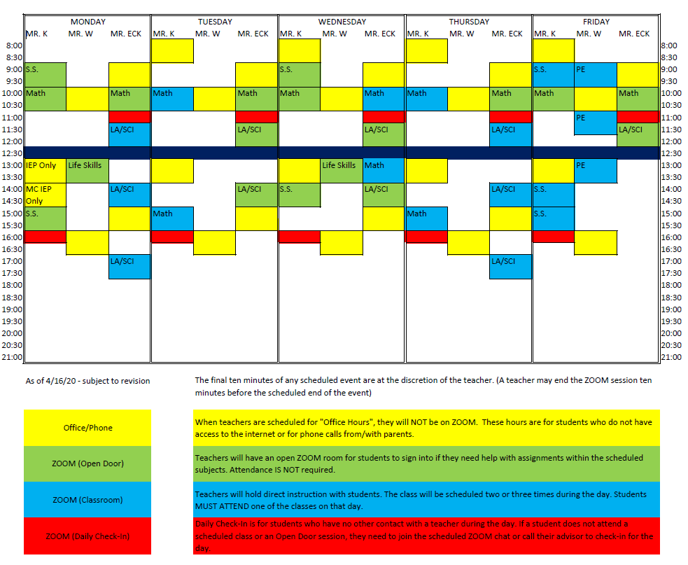 Compass Academy Schuylkill Updated Weekly Schedule as of 4/16