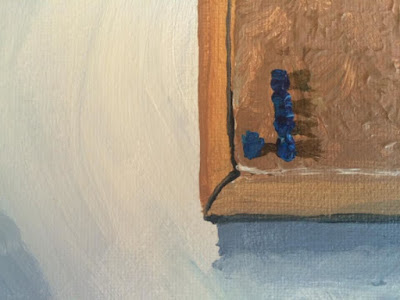 Corkboard detail of still life in Alaska painting on boredom and distraction
