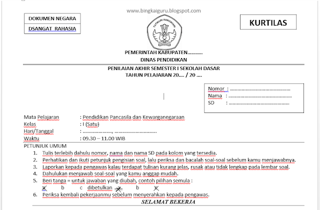 Soal Kunci Jawaban Dan Skor Nilai Penilaian Akhir Semester 1 Pas 1 Ppkn Kelas 1 Sd Kurtilas Tp 2018 2019 Bingkaiguru