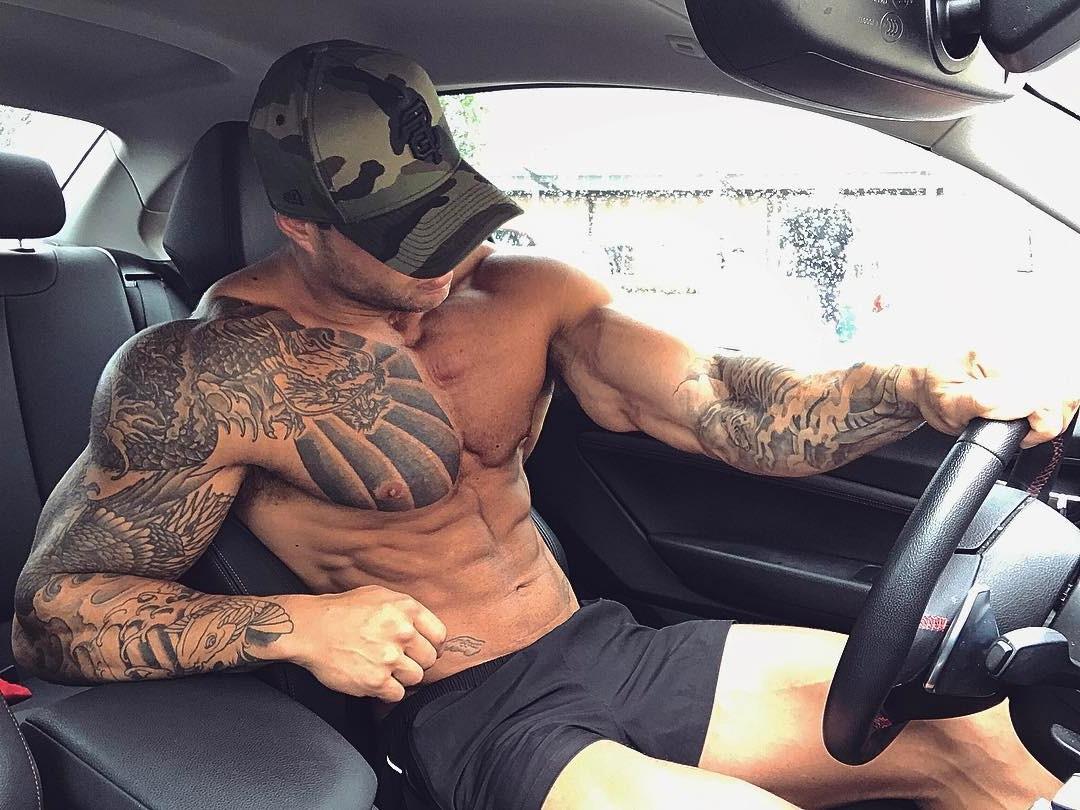 sexy-shirtless-muscle-daddy-tattoo-body-abs-david harris-driving-car