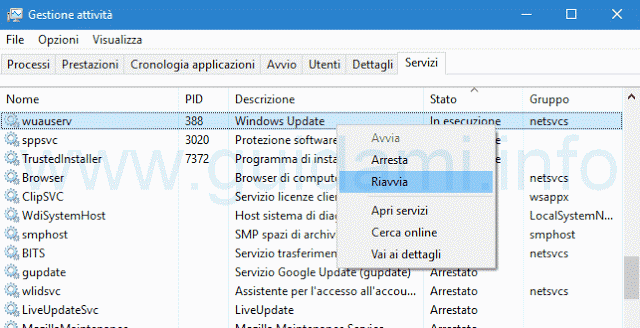Servizio Windows Update in Task Manager su Windows 10