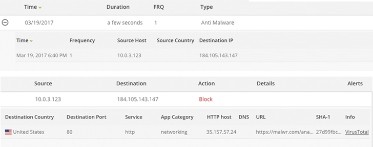 Figure 15: Cato Anti-malware event on the malicious file download attempt Figure 15: Cato Anti-malware event on the malicious file download attempt