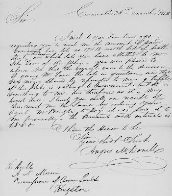 Ontario, Township papers, ca. 1783-1870's, Cornwall Town, Lots 17 & 18 North side of Sixth Street, Letter from Angus McDonell; Archives of Ontario, Toronto; FHL microfilm 1,402,636, image 375.