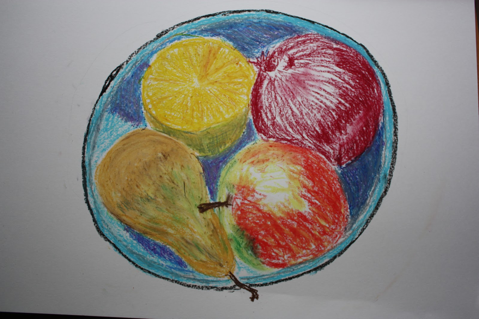 Learning to draw Bowl of fruit in oil pastels