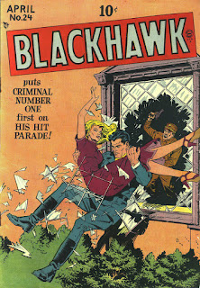 BH 24 cover--Blackhawk jumping through window glass with woman in hs arms, man with gun behind them