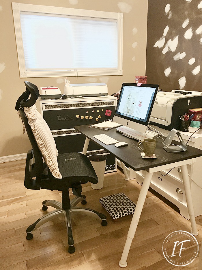 Small multi-purpose home office makeover on a $400 budget with smart solutions for tiny workspace design with creative DIY and upcycled furniture and home decor.
