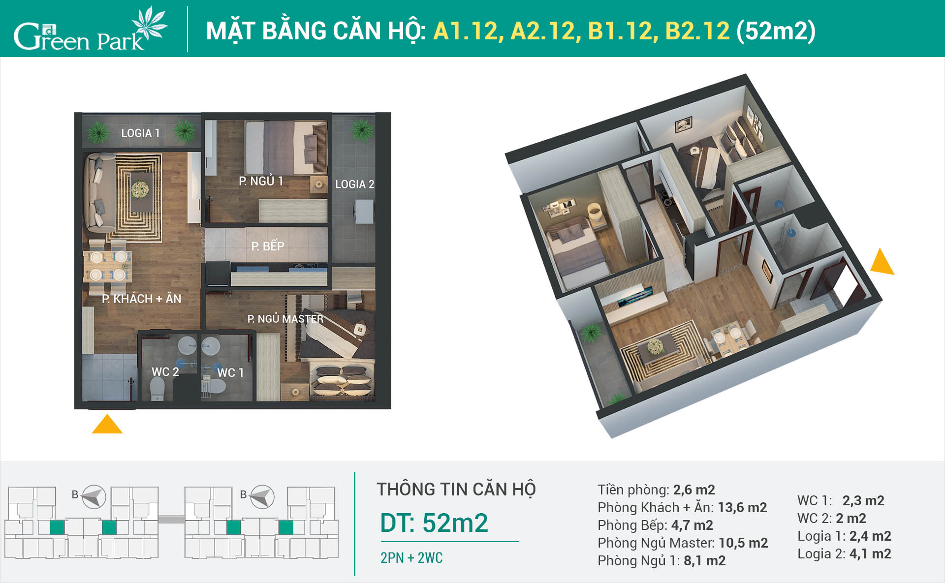 Thiết kế nội thất căn số 12 (52m2) 2PN Phương Đông Green Park