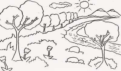 Gambar Mewarnai Pemandangan Gunung dan Sawah - Aneka