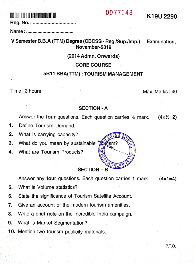 Kannur University B.B.A(TTM) TOURISM MANAGEMENT NOVEMBER 2019