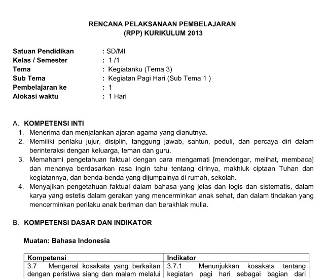 √ RPP Kelas 1 Tema 3 Kegiatanku Subtema 1 2 3 4 Kurikulum 2013 Revisi ...