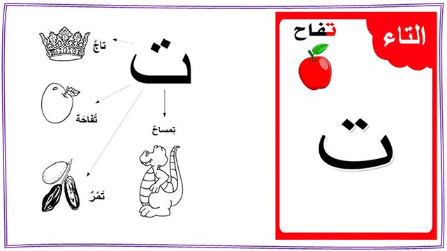 تعليم الاطفال الحروف العربية : طريقة كتابة ونطق وشكل حرف التاء (ت) مع قصة  الحرف والتدريبات والكلمات والالعاب لتأكيد الحرف
