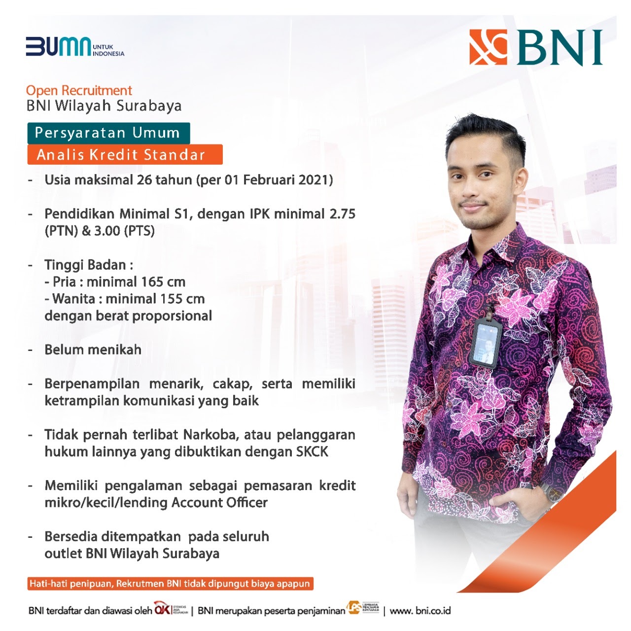 Lowongan Kerja Pegawai Bank Negara Indonesia Tingkat D3 S1 Januari 2021