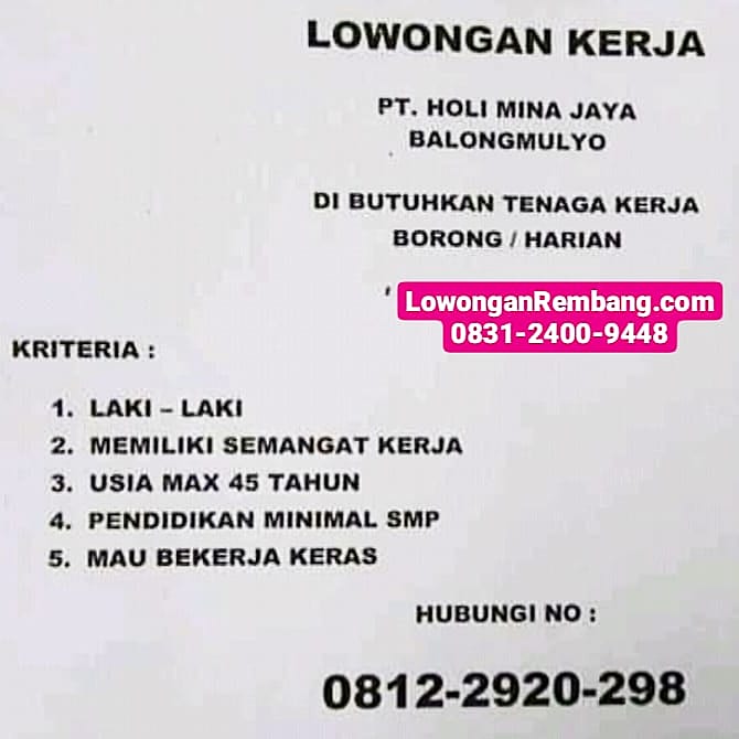 Lowongan Kerja Tenaga Borongan Harian Pt Holi Mina Jaya Balongmulyo Kragan Rembang Lowongan Rembang