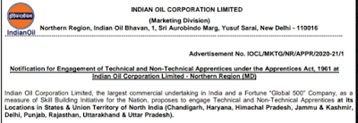 Indian Oil technical and trade apprentice recruitment 2020