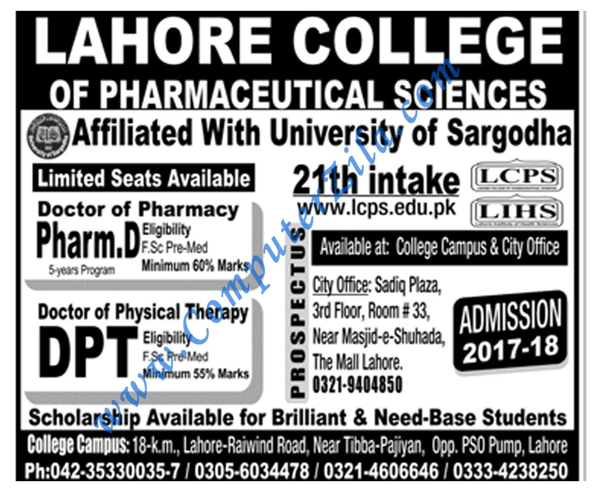 Lahore College Of Pharmaceutical Sciences Admissions 2018 Computer Zila