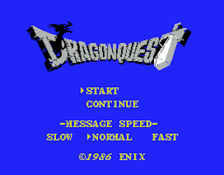 Captura de la pantalla de título de" Dragonquest" para MSX en 1986. De la D sale un dragón, y la última letra, la T, es una espada