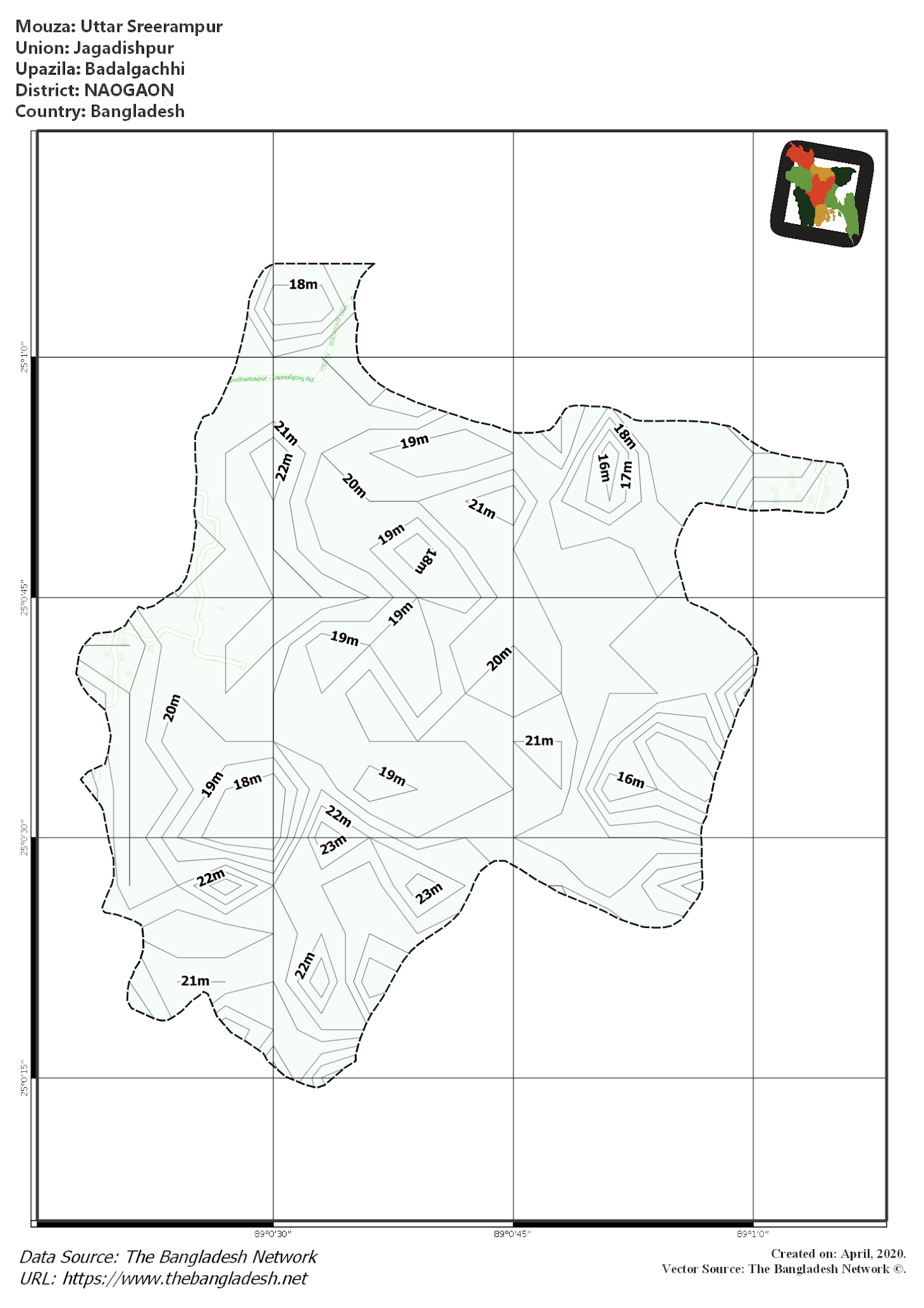 Map of Uttar Sreerampur Mouza of Badalgachhi Upazila, NAOGAON, Bangladesh.